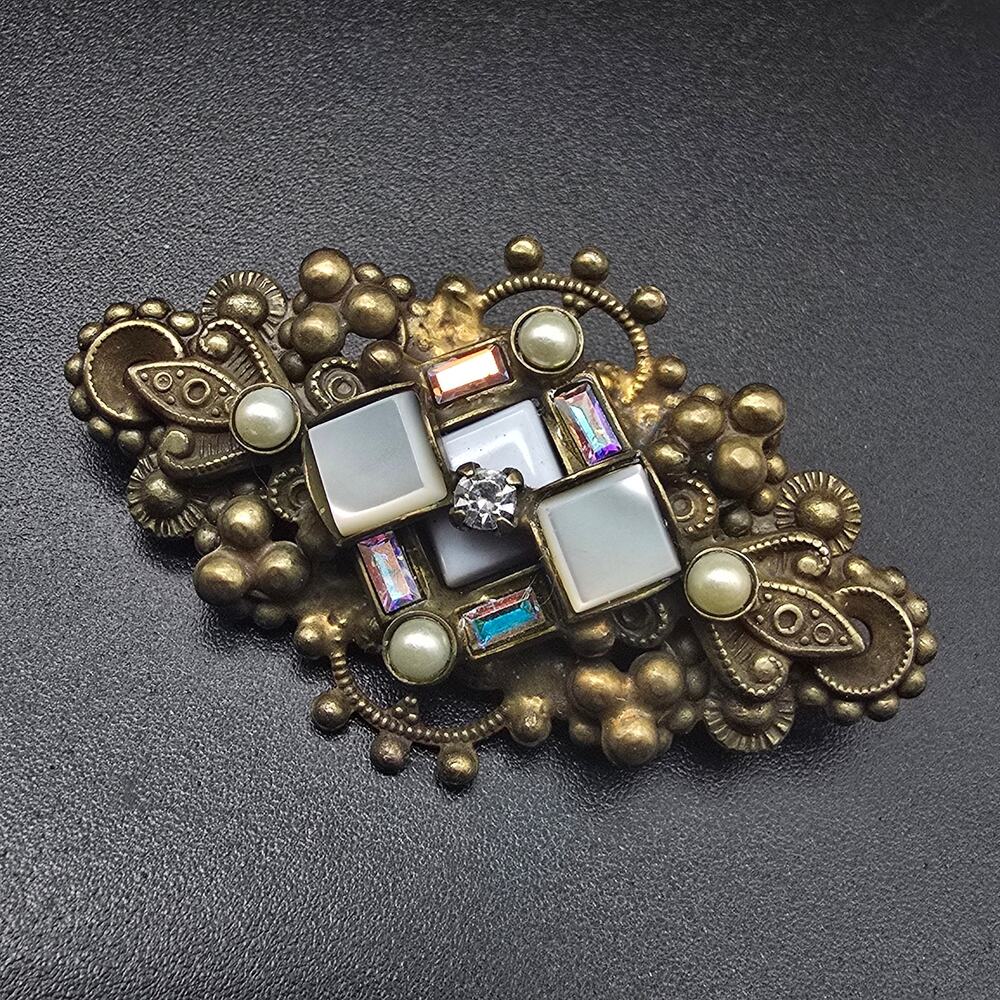 Sorelli Rhinestone Aurora Borealis Brooch Faux Pearls Costume Jewelry